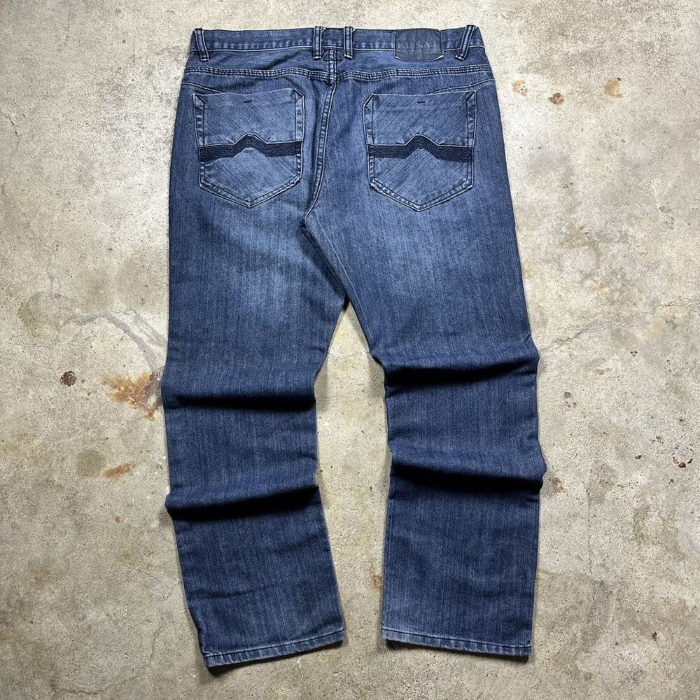 VTG Y2K Affliction Style F.U.S.A.I. Blue Denim Straight Fit Jeans Size 38x32